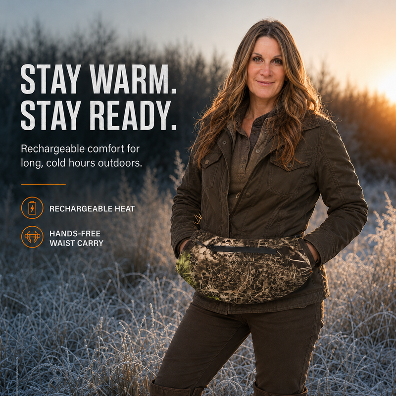 Person wearing a camouflage hand warmer pouch at the waist in a frosty field