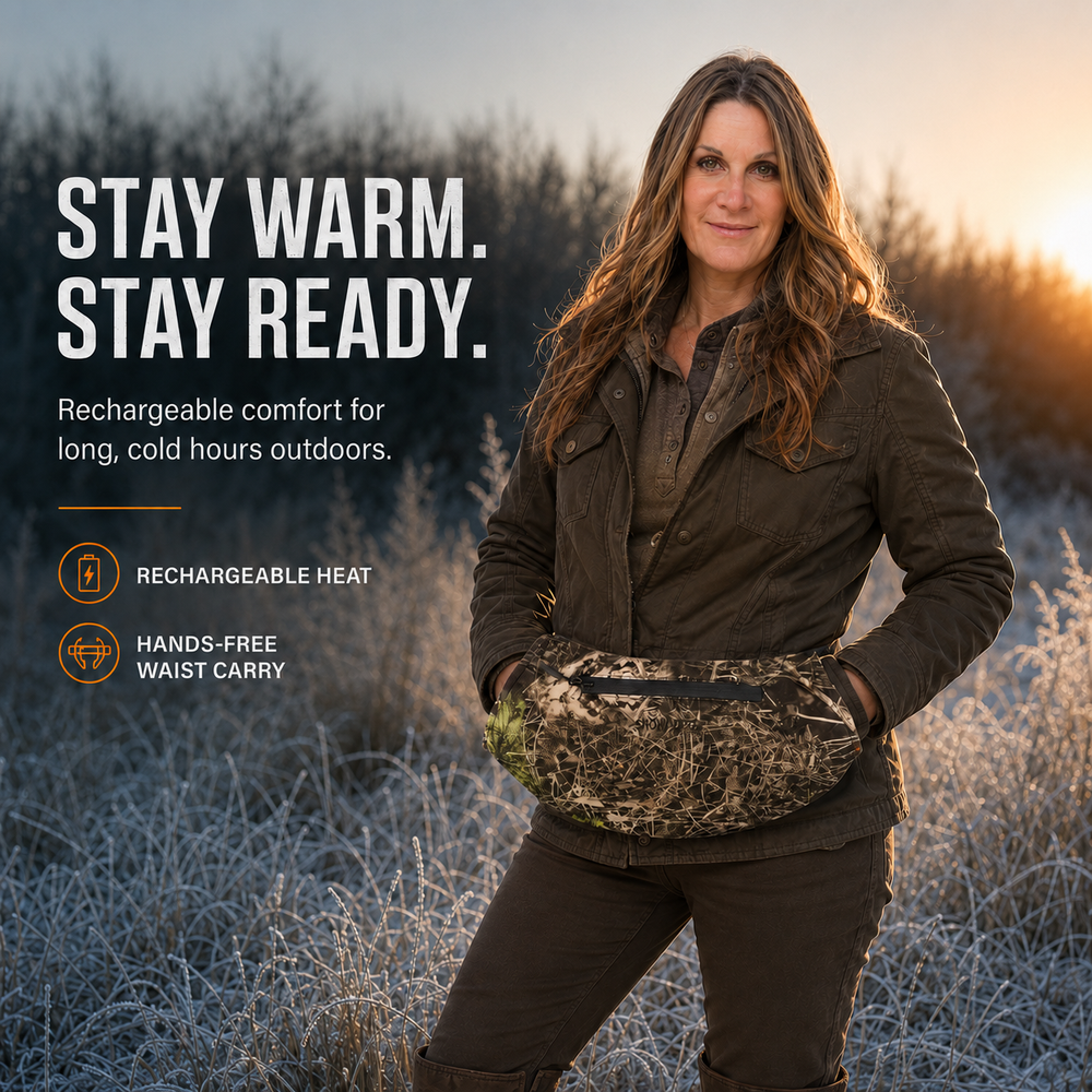 Person wearing a camouflage hand warmer pouch at the waist in a frosty field