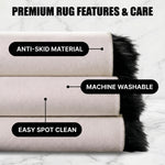 Care features graphic showing anti-skid backing - machine washable and easy spot clean