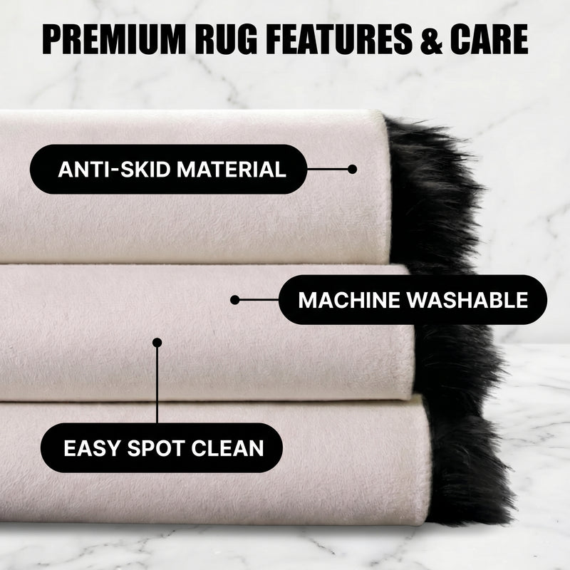 Care features graphic showing anti-skid backing - machine washable and easy spot clean