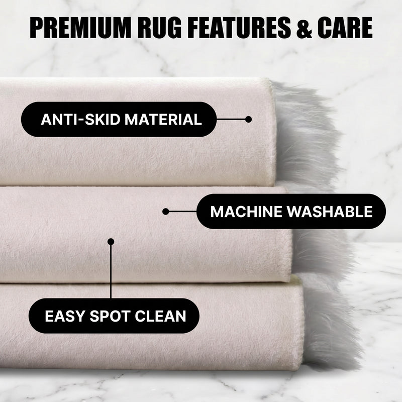 Care features graphic showing anti-skid backing - machine washable and easy spot clean