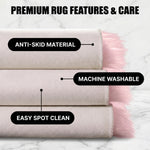 Care features graphic showing anti-skid backing - machine washable and easy spot clean