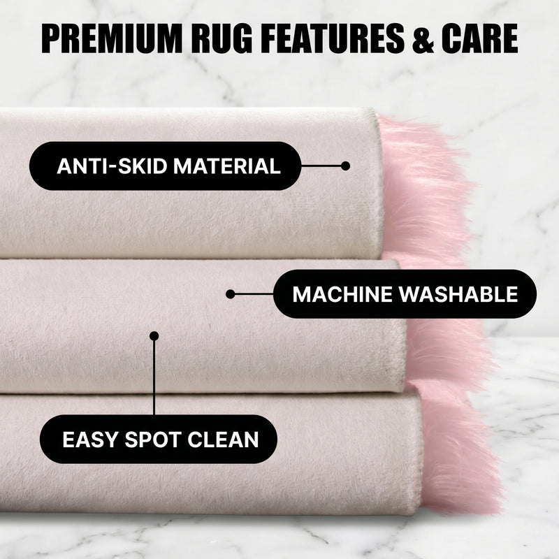 Care features graphic showing anti-skid backing - machine washable and easy spot clean