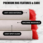 Care features graphic showing anti-skid backing - machine washable and easy spot clean