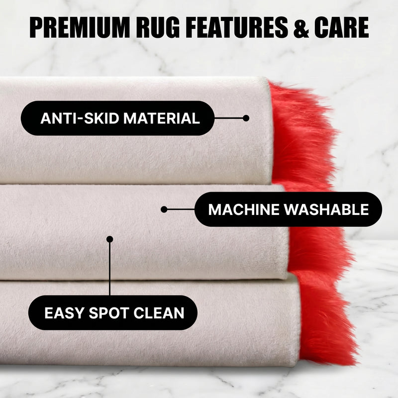 Care features graphic showing anti-skid backing - machine washable and easy spot clean