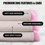 Care features graphic showing anti-skid backing - machine washable and easy spot clean