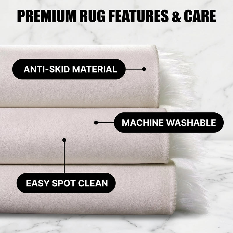 Care features graphic showing anti-skid backing - machine washable and easy spot clean
