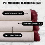 Care features graphic showing anti-skid backing - machine washable and easy spot clean