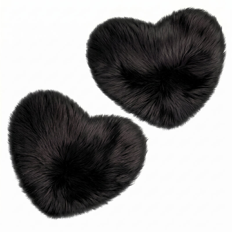 Rose red double attached heart shaped faux fur rug on a white background