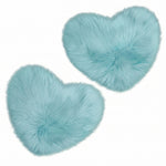 Rose red double attached heart shaped faux fur rug on a white background