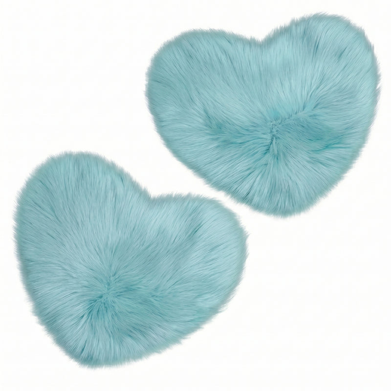 Rose red double attached heart shaped faux fur rug on a white background