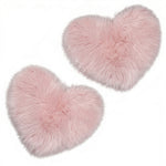 Rose red double attached heart shaped faux fur rug on a white background
