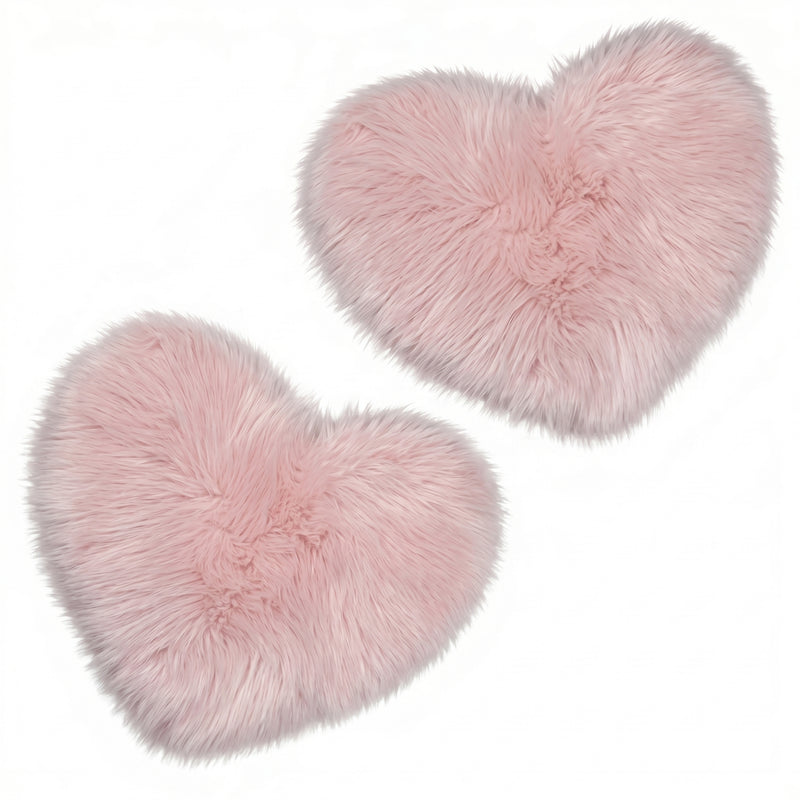 Rose red double attached heart shaped faux fur rug on a white background