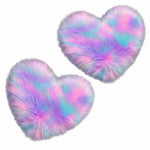 Rose red double attached heart shaped faux fur rug on a white background
