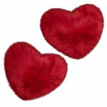 Rose red double attached heart shaped faux fur rug on a white background