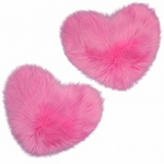 Rose red double attached heart shaped faux fur rug on a white background