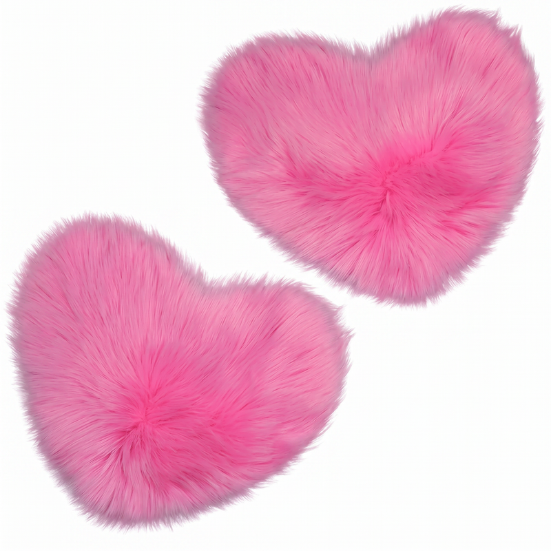Rose red double attached heart shaped faux fur rug on a white background