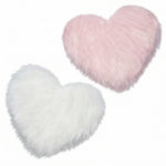 Rose red double attached heart shaped faux fur rug on a white background