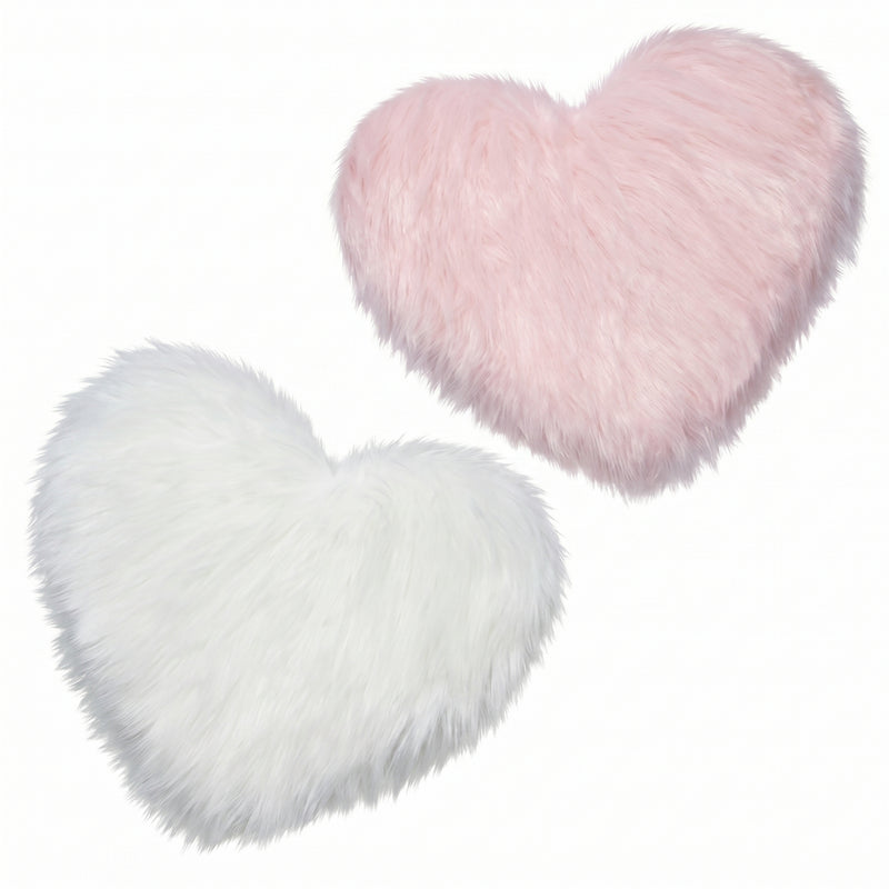 Rose red double attached heart shaped faux fur rug on a white background