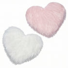 Rose red double attached heart shaped faux fur rug on a white background
