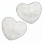 Rose red double attached heart shaped faux fur rug on a white background