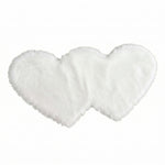 Rose red double attached heart shaped faux fur rug on a white background