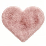 Rose red double attached heart shaped faux fur rug on a white background