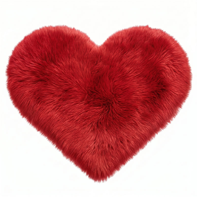 Rose red double attached heart shaped faux fur rug on a white background