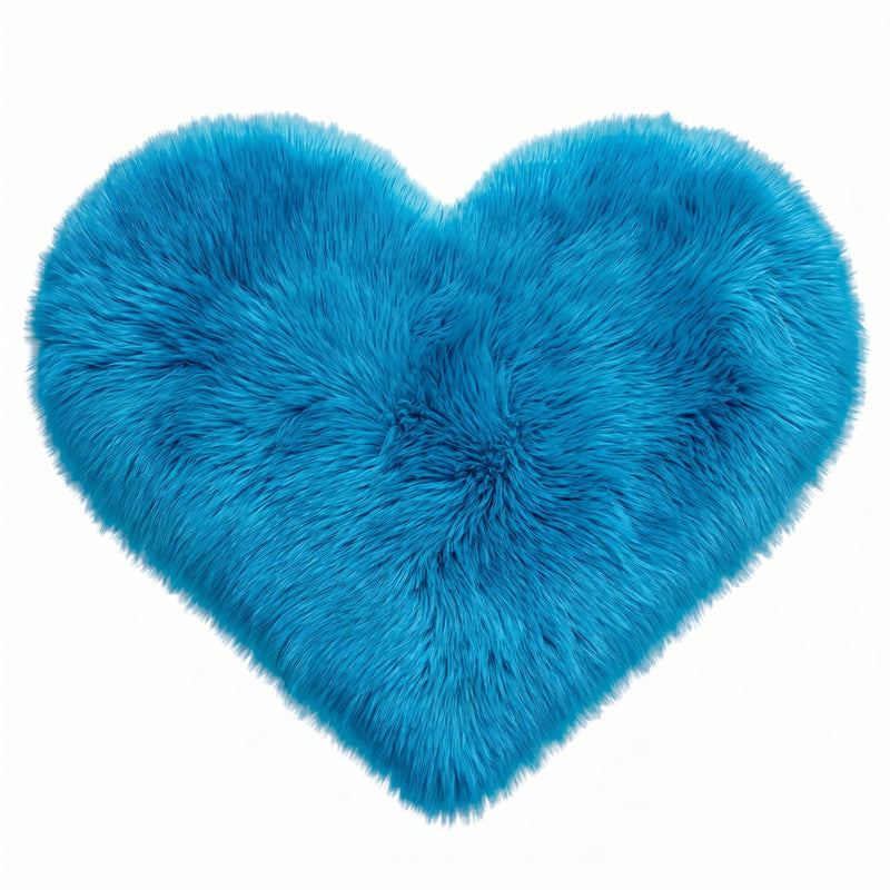 Rose red double attached heart shaped faux fur rug on a white background
