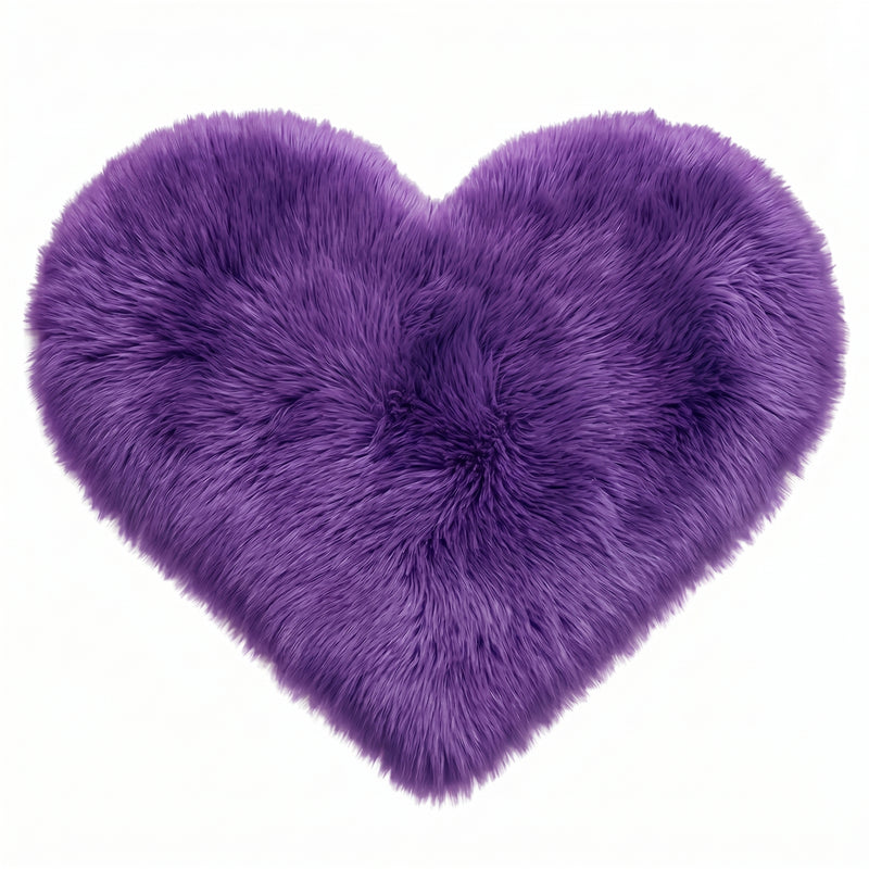 Rose red double attached heart shaped faux fur rug on a white background
