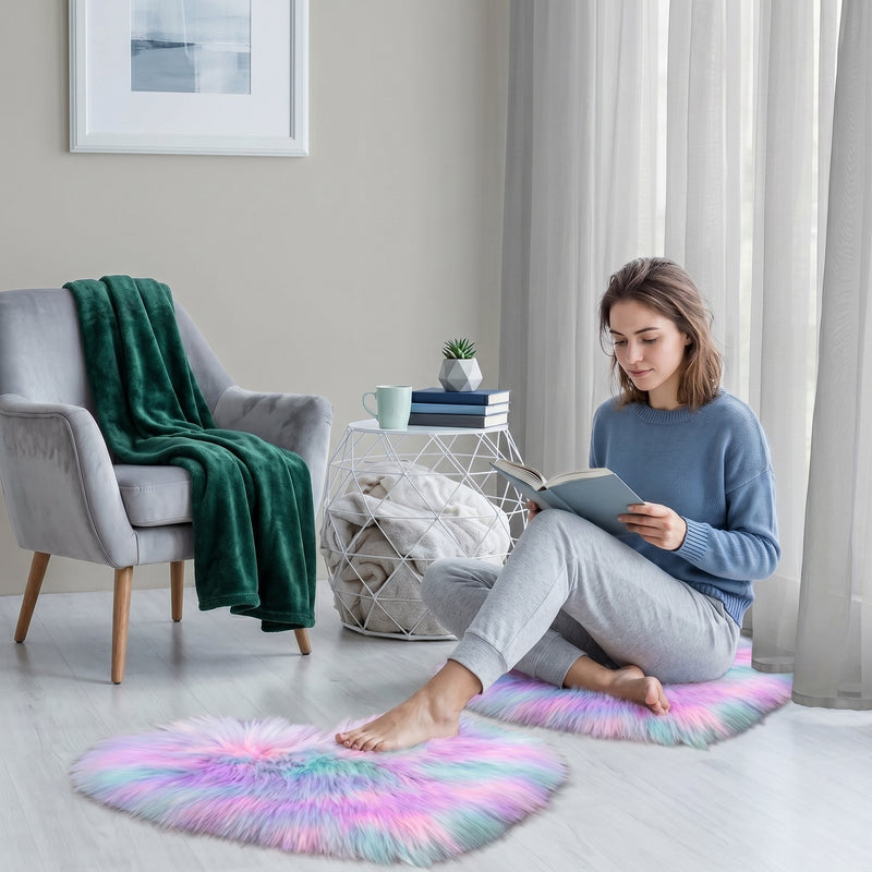 Pink heart shaped faux fur rug on a wood bedroom floor beside a bed