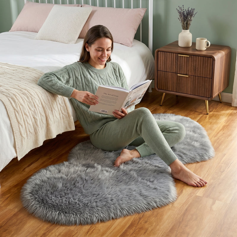 Pink heart shaped faux fur rug on a wood bedroom floor beside a bed
