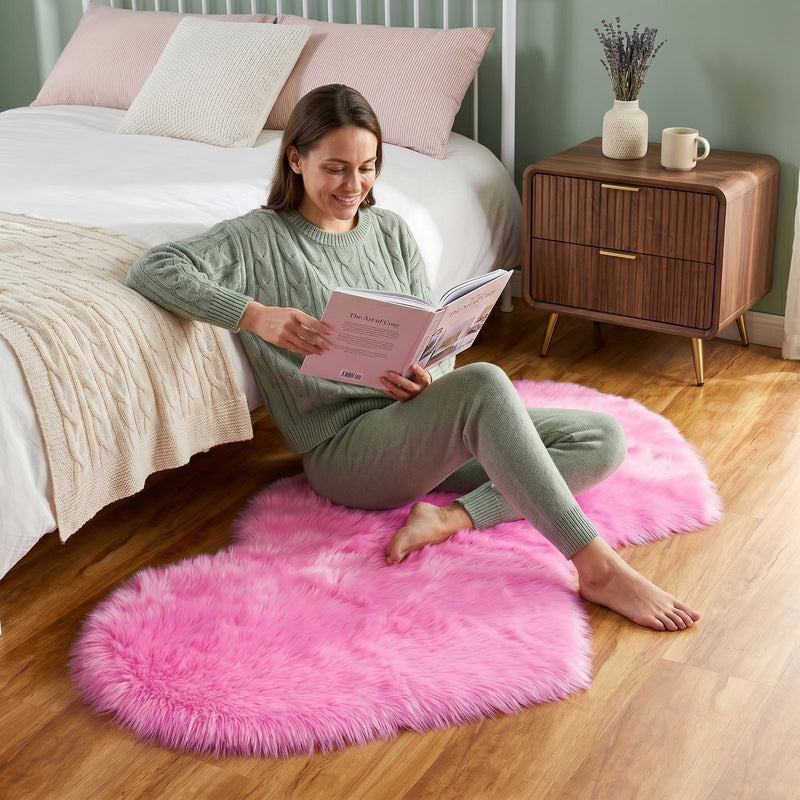 Pink heart shaped faux fur rug on a wood bedroom floor beside a bed
