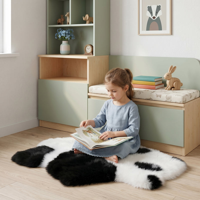 Pink heart shaped faux fur rug on a wood bedroom floor beside a bed