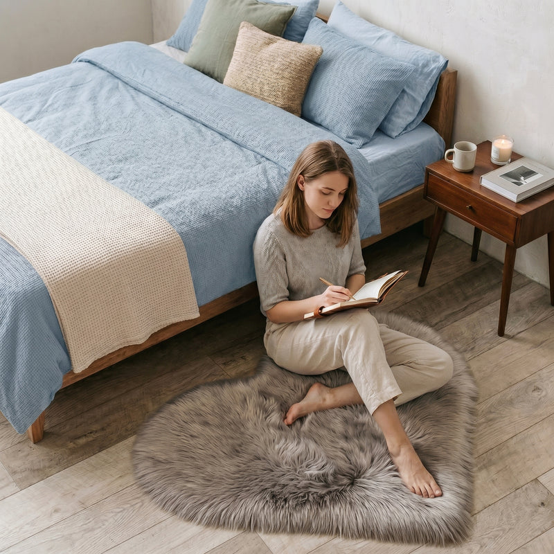 Pink heart shaped faux fur rug on a wood bedroom floor beside a bed