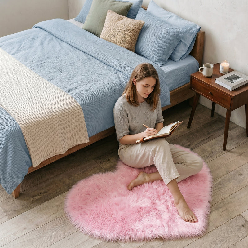 Pink heart shaped faux fur rug on a wood bedroom floor beside a bed