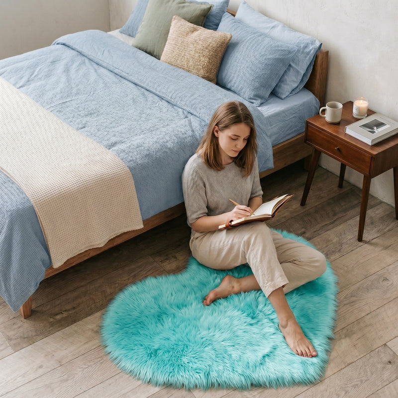 Pink heart shaped faux fur rug on a wood bedroom floor beside a bed