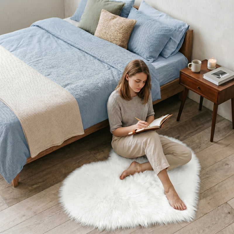Pink heart shaped faux fur rug on a wood bedroom floor beside a bed
