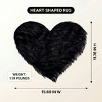 Premium faux fur heart shaped rug graphic noting ultra soft pile and 1.35 lb weight