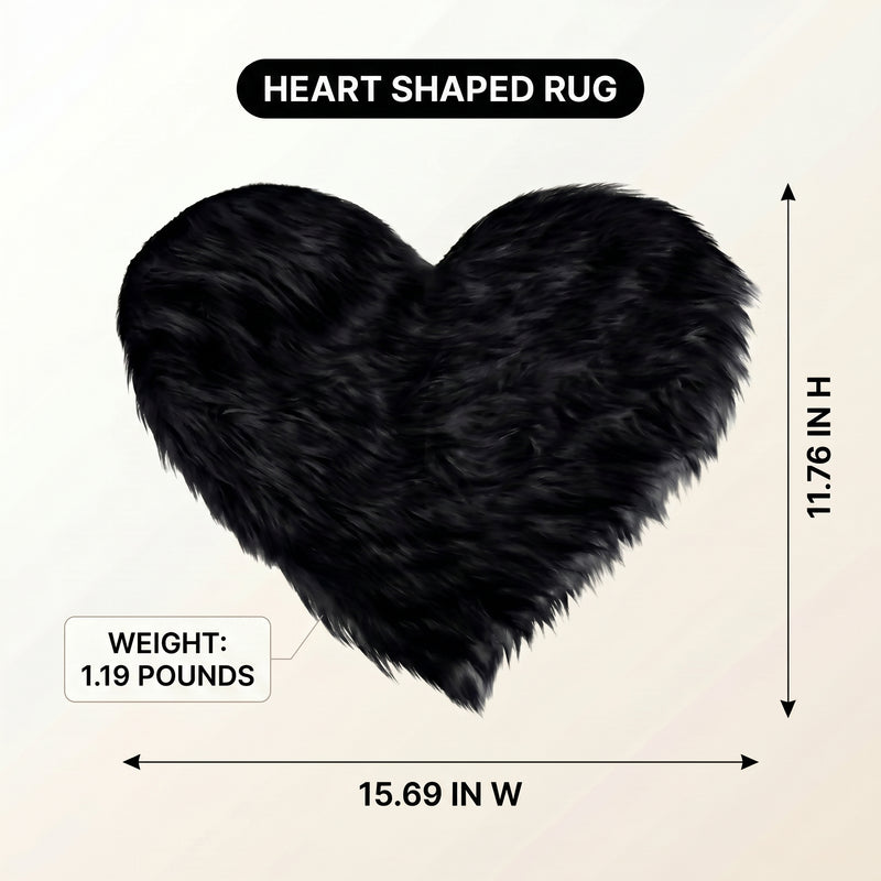 Premium faux fur heart shaped rug graphic noting ultra soft pile and 1.35 lb weight