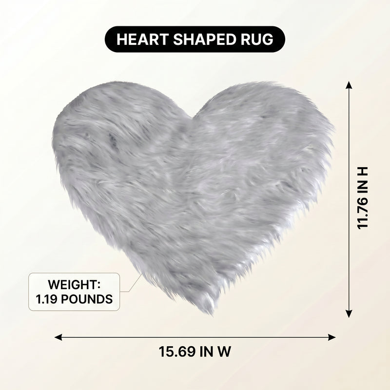 Premium faux fur heart shaped rug graphic noting ultra soft pile and 1.35 lb weight