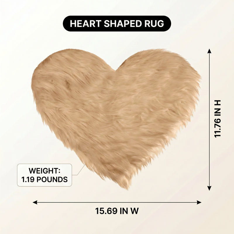 Premium faux fur heart shaped rug graphic noting ultra soft pile and 1.35 lb weight