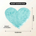 Premium faux fur heart shaped rug graphic noting ultra soft pile and 1.35 lb weight