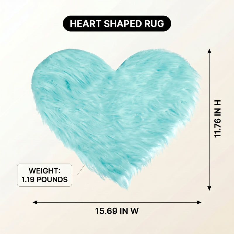 Premium faux fur heart shaped rug graphic noting ultra soft pile and 1.35 lb weight