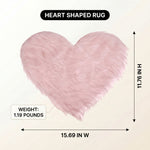 Premium faux fur heart shaped rug graphic noting ultra soft pile and 1.35 lb weight