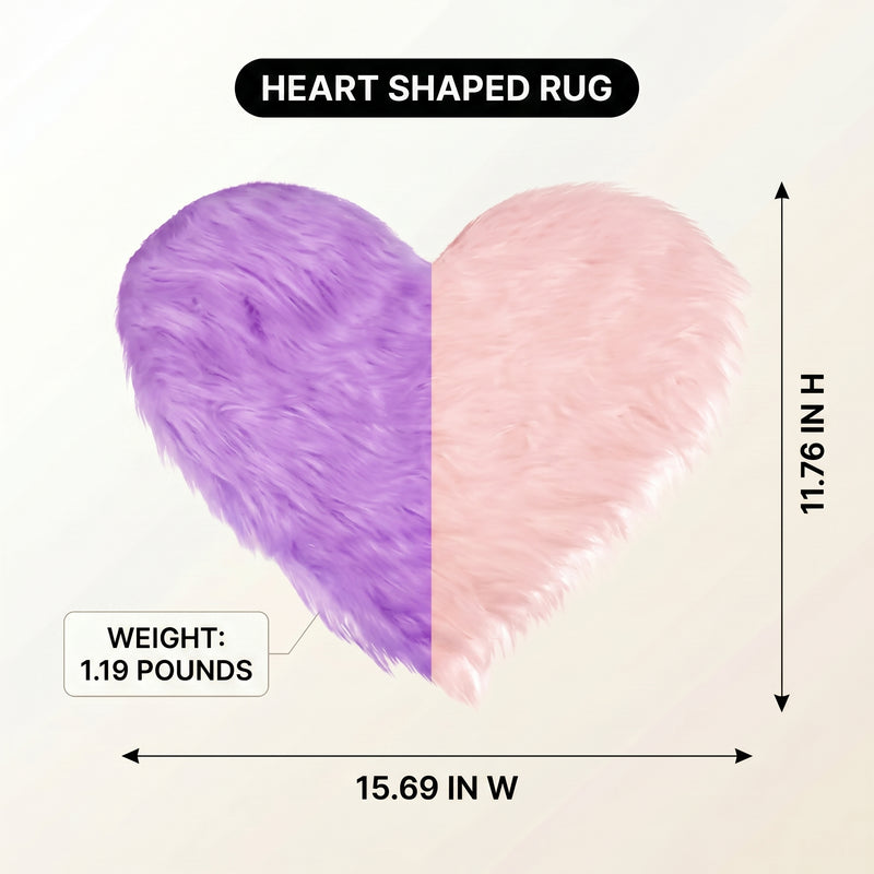Premium faux fur heart shaped rug graphic noting ultra soft pile and 1.35 lb weight
