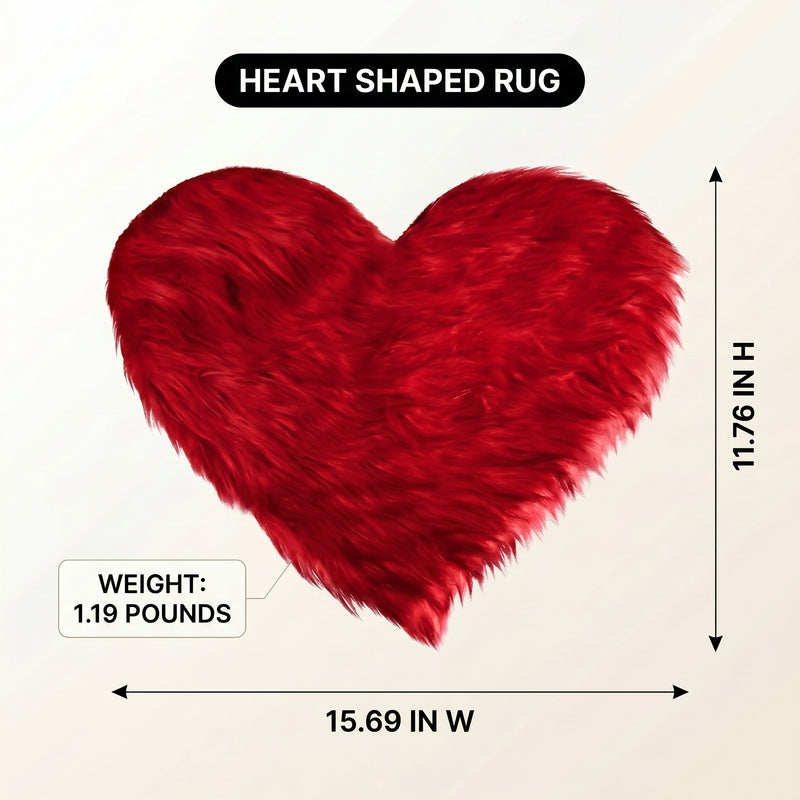 Premium faux fur heart shaped rug graphic noting ultra soft pile and 1.35 lb weight