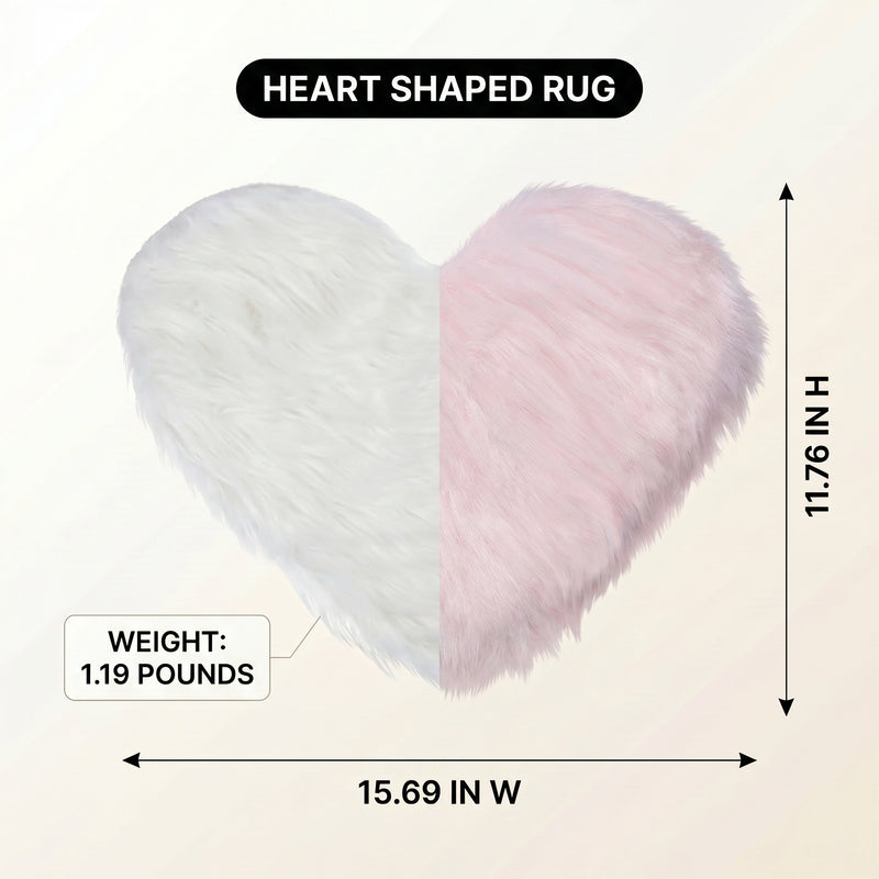 Premium faux fur heart shaped rug graphic noting ultra soft pile and 1.35 lb weight