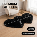 Premium faux fur heart shaped rug graphic noting ultra soft pile and 1.35 lb weight