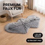 Premium faux fur heart shaped rug graphic noting ultra soft pile and 1.35 lb weight